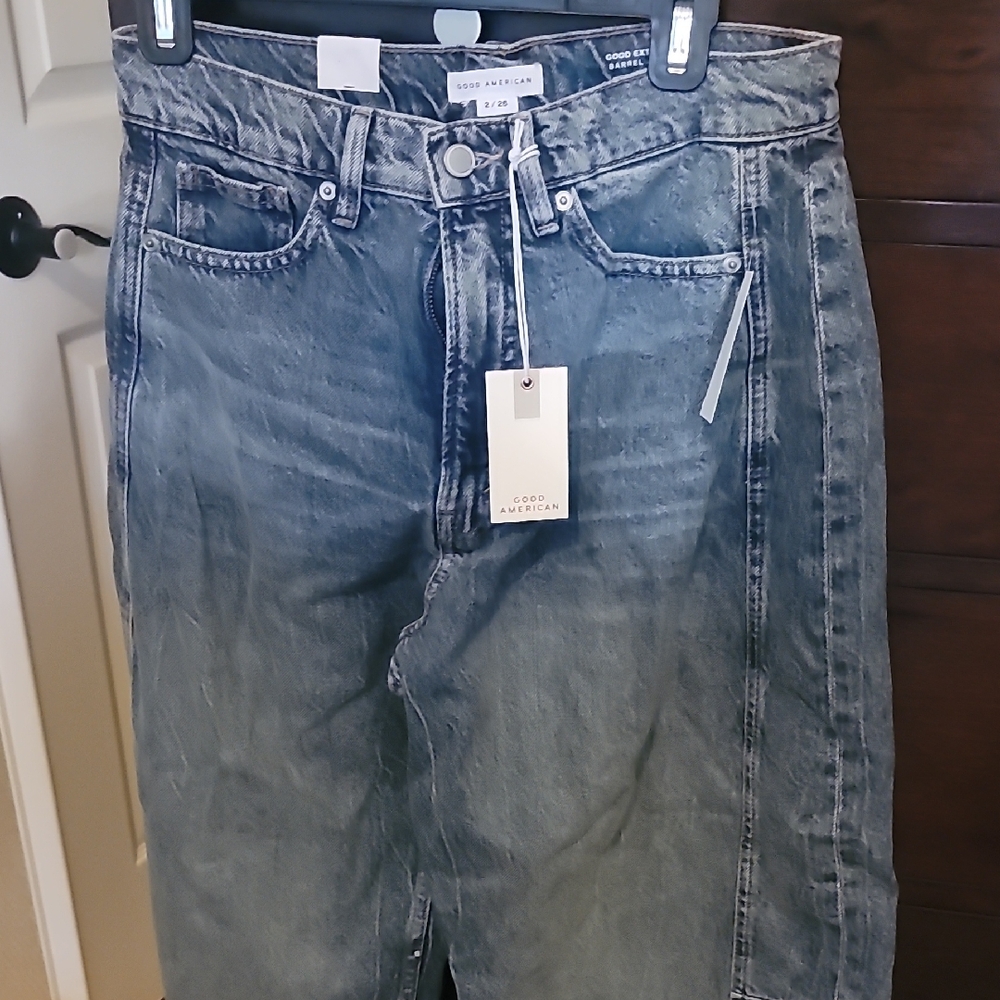 Good American Wide Leg Flare Jeans in Washed Blue
